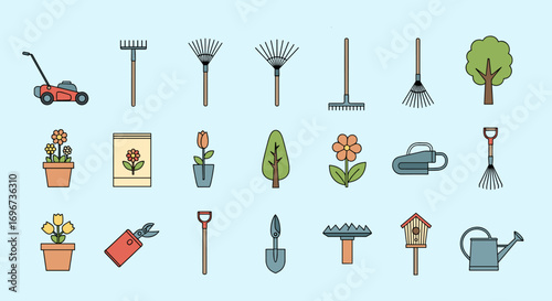 Collection of gardening tools and plants illustration vector set