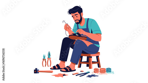 Artisan Craftsmanship: A skilled artisan focuses intently on meticulously crafting leather goods. The image illustrates the precision and care involved in traditional craftsmanship.