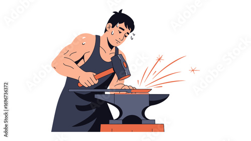 Forge of Diligence: An illustration capturing the intensity of a blacksmith's craft, with sweat glistening as he hammers with precision on a sturdy anvil, the sparks flying with each powerful blow.