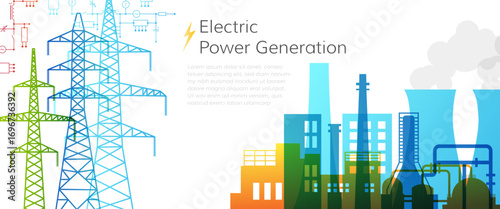 Electric power generation. Engineering industrial background with power factory, electrical power lines and technical drawing elements. Horizontal banner for technology or automation conceptual design
