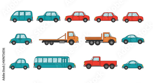 Collection of pixel art vehicles including cars trucks buses and vans for transportation themes