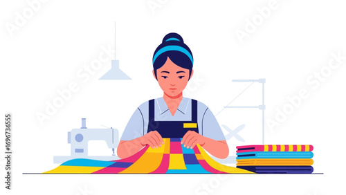 Crafting Beauty: A dedicated seamstress skillfully manipulates colorful fabrics at her worktable, with a sewing machine as her trusty companion.
