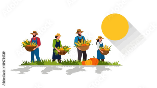 Harvest Bounty: A team of hardworking farmers gather in a sunlit field, each carrying a basket brimming with the season's golden harvest. A perfect illustration of prosperity