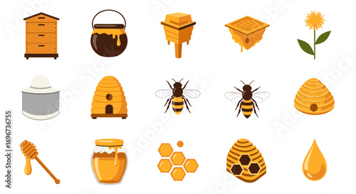 Collection of beekeeping and honey related icons with illustrations of bees hives and honeycomb