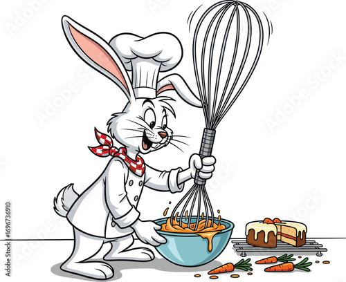 Whimsical bunny chef whisking ingredients for delicious baked goods