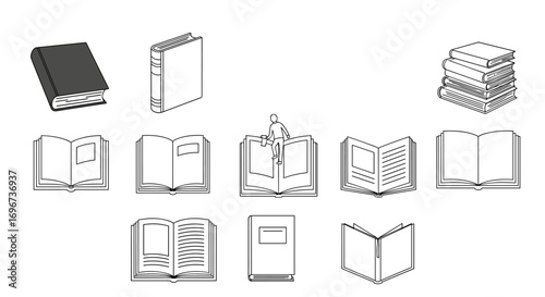 Collection of various open and closed books presented in a stylized illustrative format showing different bindings and page arrangements