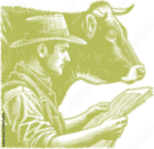 Vintage halftone illustration of farmer reading newspaper beside cow, retro agriculture artwork with rural lifestyle design