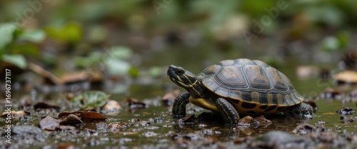 A Small Turtle Taking a Slow and Steady Journey Down a Forest Path
