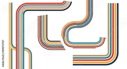 Retro abstract design featuring curved lines and stripes in vintage colors creating a dynamic graphic pattern