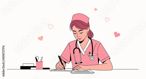 A Caring Nurse Writing Medical Documentation With Hearts Floating Around, Healthcare Concept