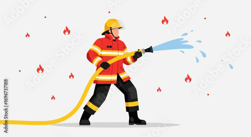 A Brave Firefighter Using Water to Extinguish Flames and Save Lives with Dedication