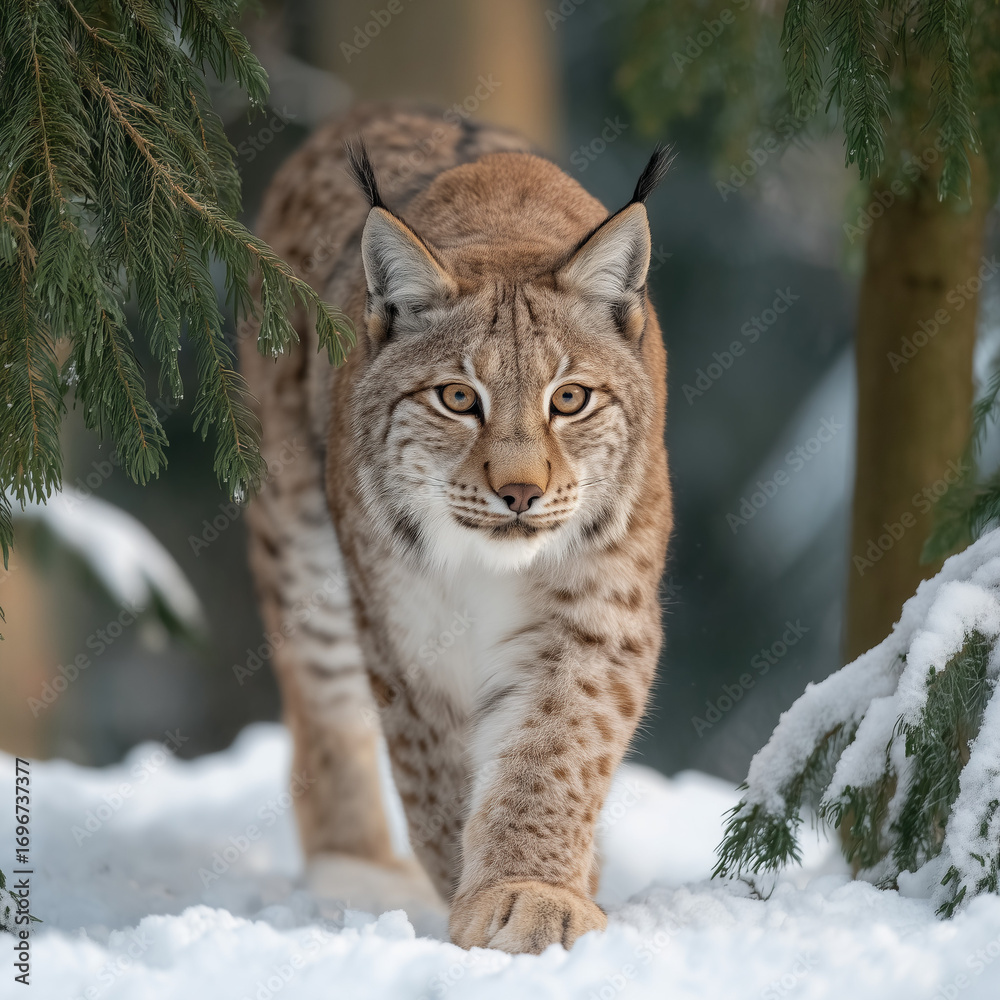 Obraz premium Lynx walking through a snowy forest mid-distance view tranquil winter wildlife scene