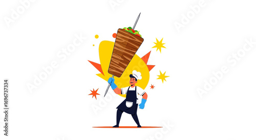 A Cheerful Chef Presenting a Large Shawarma, Ready for Culinary Delights Presentation