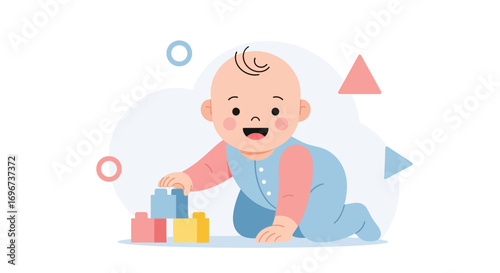 A Cheerful Infant Playing With Blocks Amidst Geometric Shapes And Smiling Faces