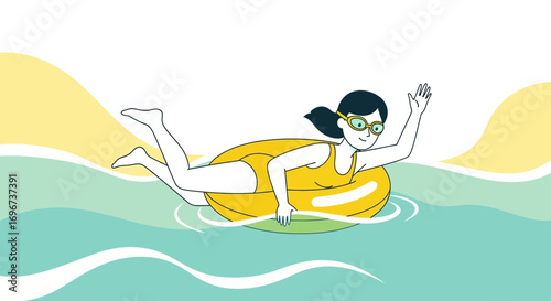 A Cheerful Swimmer in Swim Goggles Enjoys Floating on an Inflatable Ring on a Summer Day
