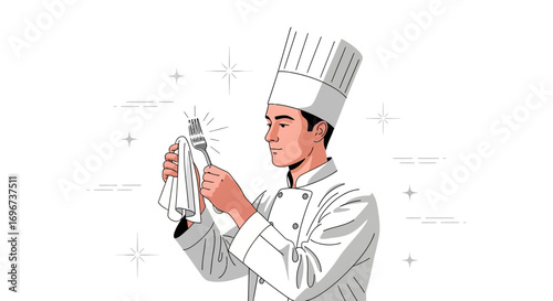 A Chef Polishing A Fork For Fine Dining And Culinary Perfection In A Clean Environment