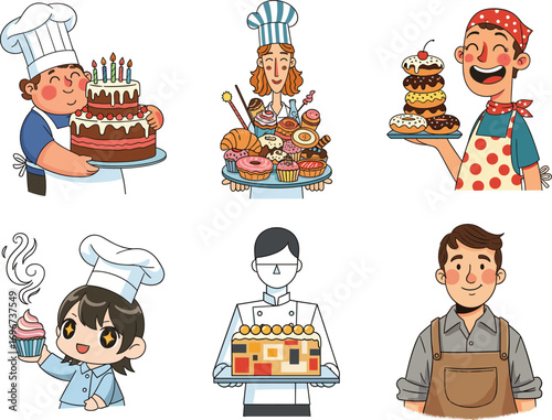 Cartoon bakers holding cakes, pastries, donuts, and cupcakes in colorful vector illustration set for bakery, dessert, chef, and food design