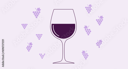 Aesthetic Wine Glass Illustration with Grape Motifs, Purple Tones, and Simplified Design
