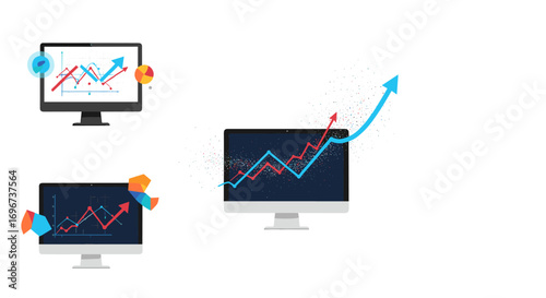 Visualizing financial growth and data trends on computer screens with upward arrows indicating progress