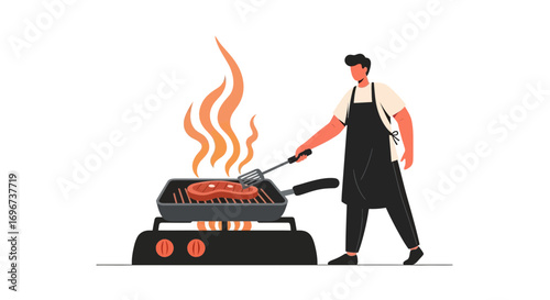 A Cook Preparing Grilled Steak Over an Open Flame in a Minimalist Illustration