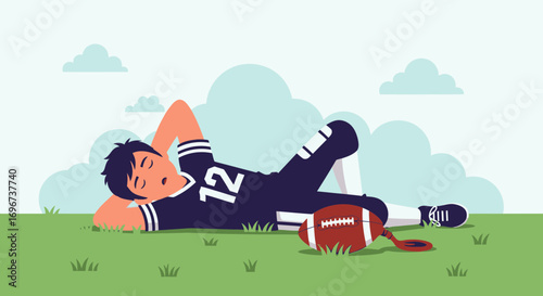American Football Player Relaxing On Grass, After A Long And Tiring Match And Game