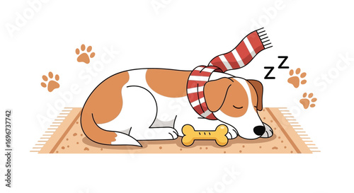 A Cozy Cartoon Dog Napping Quietly While Wearing a Scarf on Soft Rug for a Rest