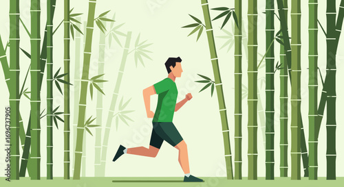 An Energetic Figure Running Through A Dense Lush Bamboo Forest During A Peaceful Morning
