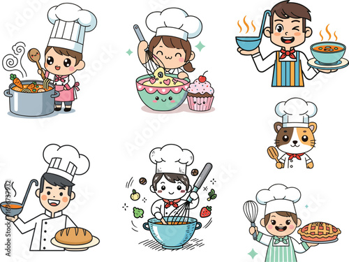 Cartoon chefs cooking and baking various dishes with kitchen utensils, food ingredients, desserts, soup, bread, pie, and cute dog chef