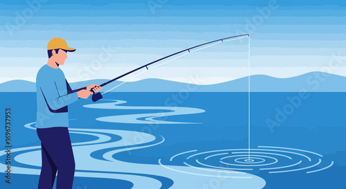 An Illustrated Scene Depicting A Person Fishing In Calm Waters With Beautiful Scenery