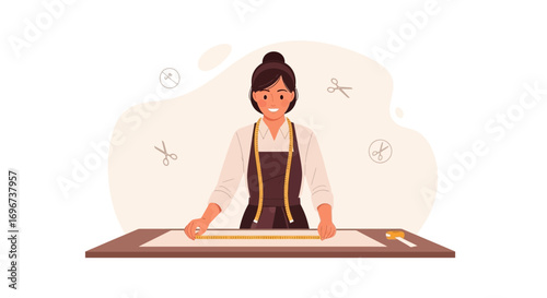 A Fashion Designer Carefully Measuring Fabric For Creating New Clothing Collection Designs