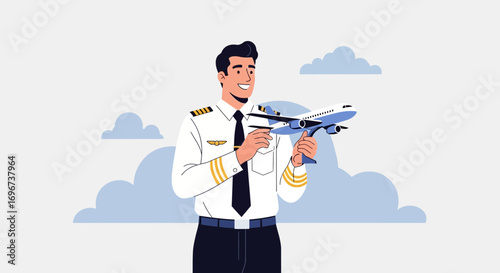 An Optimistic Pilot Displays A Detailed Model Airplane Against Cloudy Atmosphere