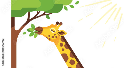 A Gentle Giraffe Eats From a Tree Under Sunbeams, Smiling at Nature's Gifts.