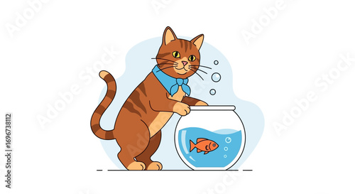 Animated Cat Watching Fish in Bowl Illustration of Aquatic Life and Companionship