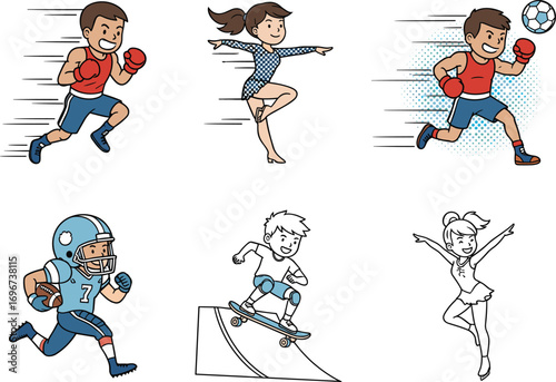 Cartoon children playing multiple sports activities including boxing, figure skating, soccer, football, skateboarding, and ballet in colorful vector illustration design