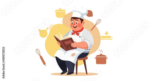 Animated Chef Delving Into Culinary Knowledge While Surrounded By Kitchen Essentials