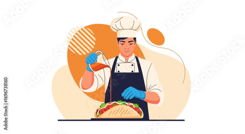 Animated Chef Artistically Pouring Sauce On a Deliciously Prepared Food Creation