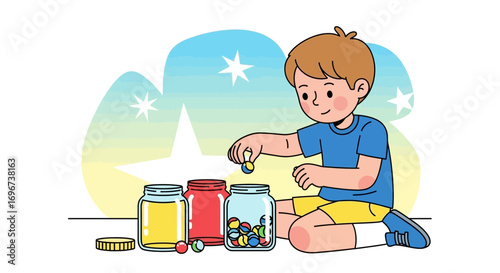 A Little Boy's Playtime: Pouring Colorful Marbles Into Jars For Fun Activities
