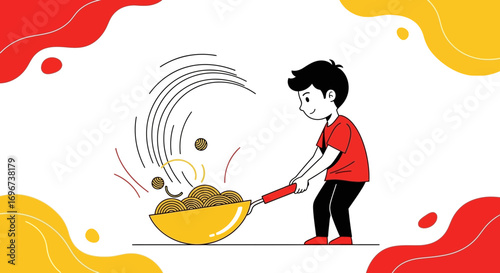 Animated Chef Gently Tosses Noodles In Wok With Yellow And Red Abstract Background