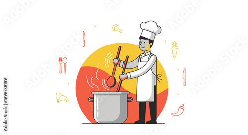 Animated Chef Mixing Ingredients in a Pot, Preparing a Culinary Dish with Utensils