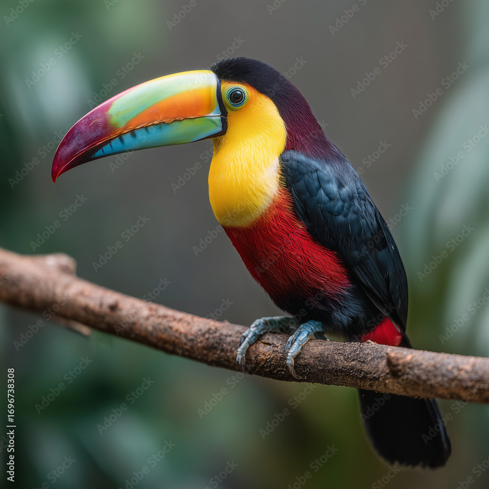 Fototapeta premium Close-up of a vibrantly beaked toucan perched on a branch