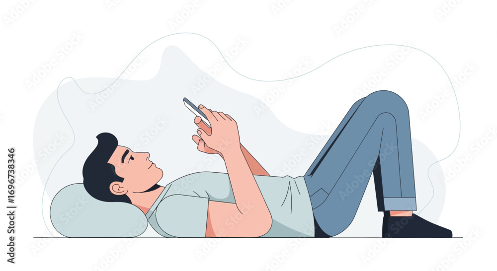 Fototapeta premium A Man Relaxing And Admiring Content On His Device While Reclined On A Surface