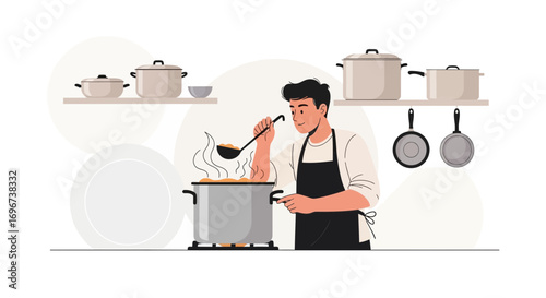 A Man Is Cooking, Checking And Admiring The Meal In A Kitchen, Using Vector Art.