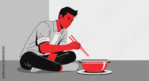 A Man Prepares Food With Chopsticks in an Abstract Setting Ready to Eat His Meal