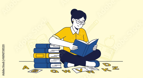 Animated Illustration Of A Woman Reading, Immersed In Knowledge And Education