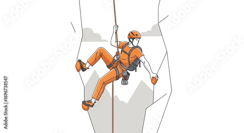 Animated Illustration Of Man Rappelling Down A Rocky Mountain Cliff After Summiting