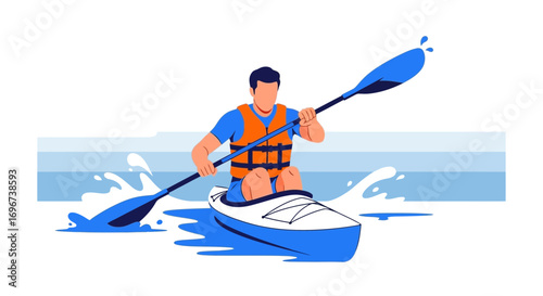 Animated Kayaker Paddling Through Waters with Safety Gear and Energetic Blue Aesthetics Display