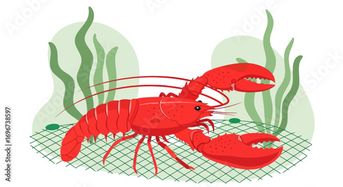 Animated Lobster on Net, Simple Illustration of Seafood, Oceanic Crustacean Concept