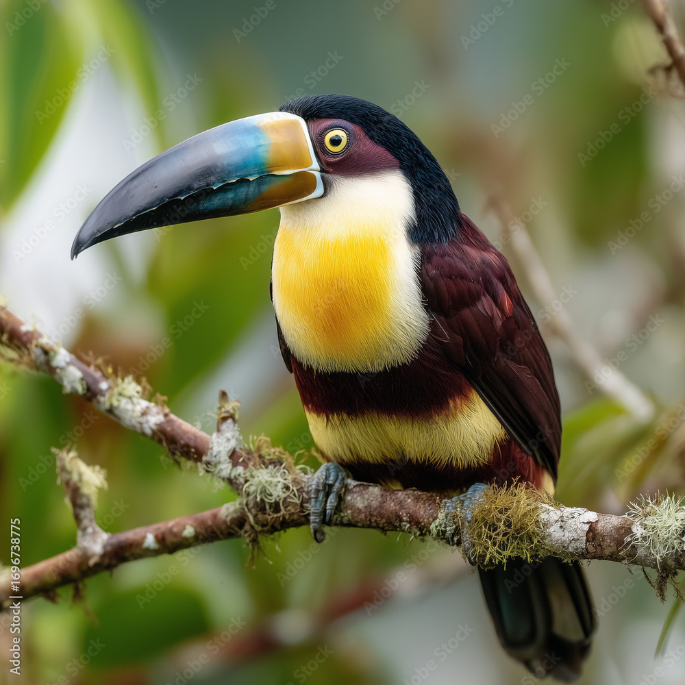 Obraz premium Vibrant toucan perched on a branch showing a colorful beak close-up wildlife portrait
