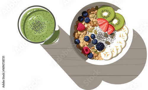 Green Smoothie with Breakfast Bowl Flat Lay Vector 2