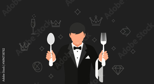 Animated Server Presenting Spoon And Fork Against Dark Backdrop With Royal Accents